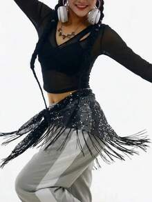 1pc Jazz Dance Waist Chain, Sequin Triangle Scarf For Beginner Hip Scarf Waistband, Street Fashion Accessories, Night Club Party, Festival Celebration, Stage Performance, Shiny Sexy Waist Wrap, Versatile Shawl Drape Summer Fall, Autumn, Halloween - Black - View 4