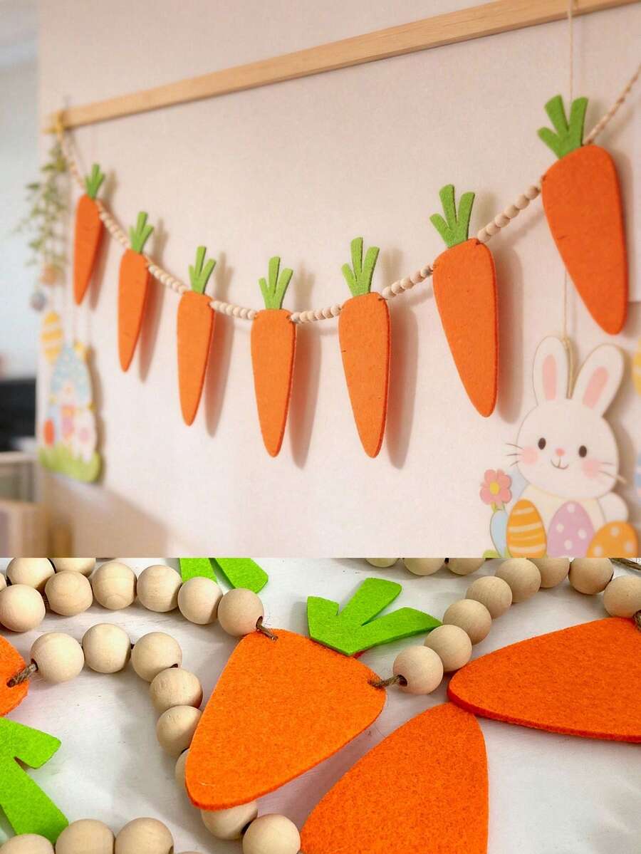 1个橙色毛毡胡萝卜花环，串珠复活节胡萝卜花环，春季节日派对装饰，农舍乡村风格家居墙面装饰，活力胡萝卜主题横幅，轻盈复活节壁炉架装饰，客厅壁炉入口装饰，波西米亚风春季活动花环，节日复活节家居装饰，可爱蔬菜主题节日横幅