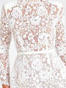 Long Sleeve Lace Sheer Cutout Belted Mini Dress Women's Sexy Slim Design Dresses For Women,Valentine's Day Outfit - 白色 - 查看 1