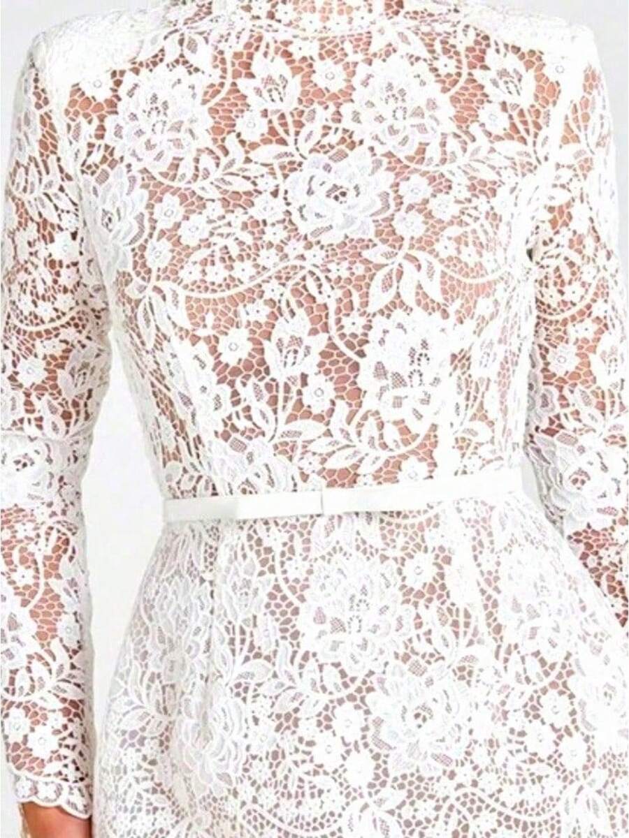 Long Sleeve Lace Sheer Cutout Belted Mini Dress Women's Sexy Slim Design Dresses For Women,Valentine's Day Outfit - 白色 - 查看 1