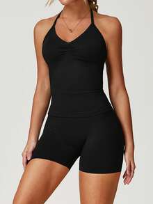 DINBEY Seamless Yoga Workout Set, Women's Racerback Yoga Top And Tight Booty Shorts, Spring/Summer Sports - Black - View 4