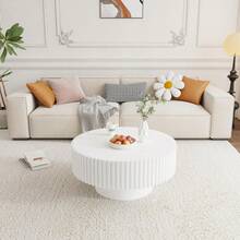 31.49" Walnut Coffee Table Round Wood, Modern Unique Fluted Tea Table, Contemporary Drum Circle Accent Center Table For Living Room, Small Space, Apartment - 白色 - 查看 10