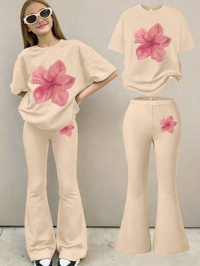 2pcs/Set Girls Floral Print Short Sleeve Top And Flare Pants Comfortable Casual Summer Outfit