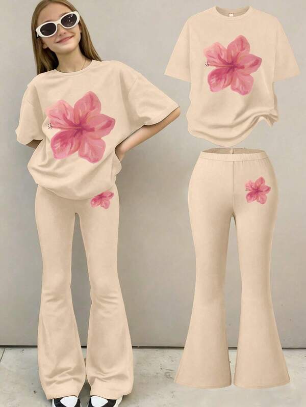 Set de 2 piezas con top de manga corta con estampado floral y pantalones acampanados para niñas, conjunto casual cómodo de verano