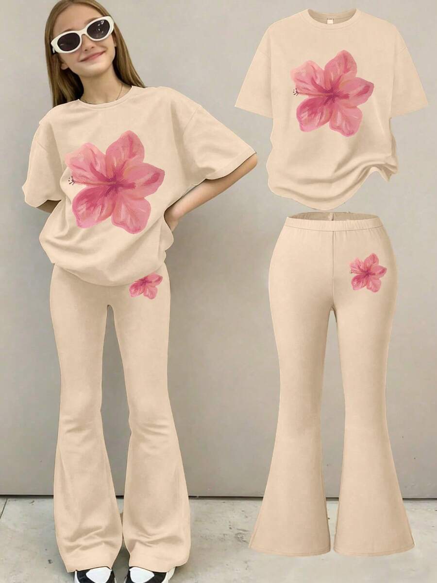 Set de 2 piezas con top de manga corta con estampado floral y pantalones acampanados para niñas, conjunto casual cómodo de verano - Albaricoque - Ver 1