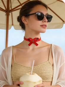 Women's Faux Leather Red Bow Gothic Style Choker - Perfect For Dates, Halloween, Christmas, Valentine's Day, Concerts & Daily Wear | Creative Gothic Gift - Red - View 1