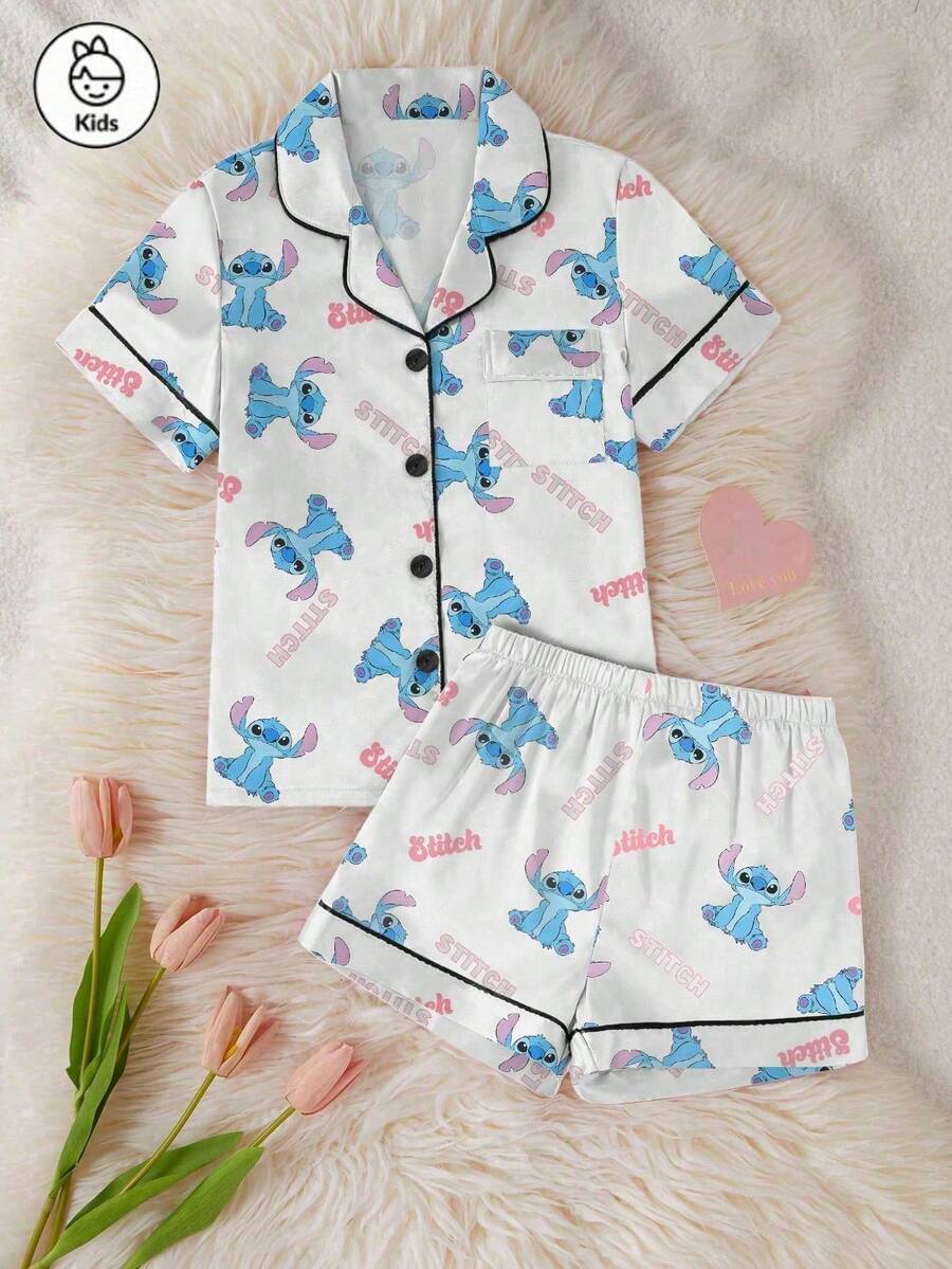 Disney 史迪奇系列卡通印花两件套，可爱休闲百搭短袖弹力腰短裤睡衣套装，适合少女穿着，丝滑柔软透气面料，四季皆居服 - 白色 - 查看 1