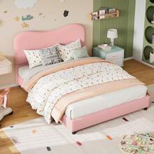 2,103 Cama Queen, Estructura de Cama Queen con Cabecera Bouclé de Estructura Metálica Resistente, Cama Full Size Tapizada en Terciopelo, Diseño de Perfil Bajo, Soporte de Lamas de Madera, Fácil Montaje Rosa - Rosa - Ver 1