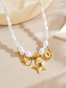 1 pieza Collar corto de mujer con colgante de octágono y estrella de cinco puntas, estilo de moda callejera dulce y moderno - Dorado - Ver 2