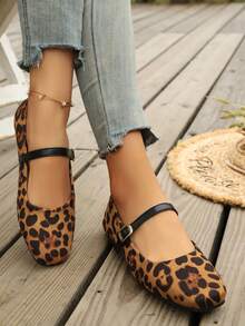 Women's Fashion New Flat Square Toe Mary Jane Leopard Print Casual Outdoor Slip-On Shoes, Suitable For Commuting, Office, Outdoor, Home, All Seasons - Leopard Print - View 4