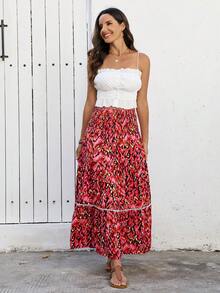 Women's New Printed High Waist Casual Skirt With Hollow Lace Patchwork, Suitable For Beach Holiday Vacation Summer - Red - View 3