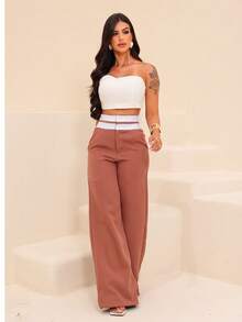 Women's Tailored Wide Leg Pants With Pockets And Zipper - Rust Brown - View 3