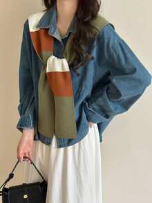 1pc Women's Knitted Poncho With V-Neck Tie, Outdoor Fashion Scarf - Color Matching-green - View 2