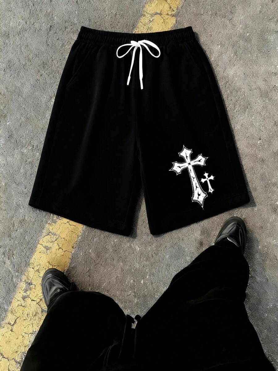 Men's Casual Fashion Shorts, Latest 2026 Model White Cross Pattern Print Design Men's Beach Swim Trunks Men's Big And Tall Shorts Men's Shorts Fashionable And Unique Prints, Suitable For Parties, Daily Wear, And Casual Occasions The Favorite Of Fashionistas - 黑色 - 查看 1