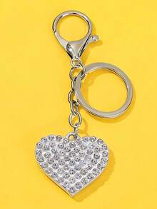 1pc Elegant Cute Casual Zinc Alloy Full Rhinestone Heart Shaped Keychain, Car Key Chain, Backpack Pendant, Holiday Gift - Silver - View 3