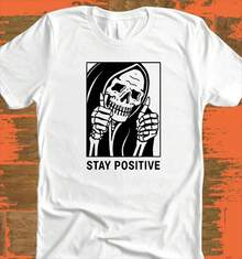 Stay Positive Graphic Print Funny Men Cotton T Shirt O-Neck Short-Sleeved Tee Retro Unisex Oversized Casual Tshirts Streetwear - 黑色 - 查看 4