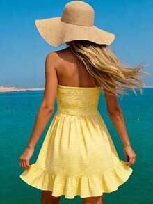 女士春夏新款时尚优雅休闲简约通勤度假街头风黄白格纹荷叶边露肩修身A字迷你连衣裙，开领设计。适合夏季度假装扮、休闲连衣裙、节日穿着及女士休闲服饰。 - 黃色 - 查看 5