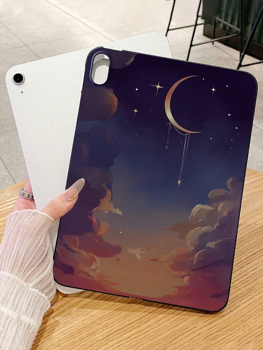 斋月氛围浪漫星空磨砂iPad保护壳，浪漫星空，文学疗愈风格磨砂iPad保护壳，渐变夜空，新月星辰图案iPad保护壳 - 黑色 - 查看 1