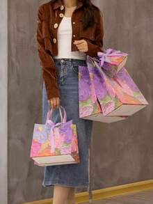 Flower & Bow Gift Bags, Holiday Gift Paper Bags, Cosmetic Tote Bags, Packaging Bags, Birthday Present Bags - Pink - View 6