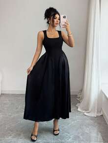 Women's Summer Dress, Solid Color Elegant Square Collar Satin Patchwork Dress, Suitable For Work, Vacation, Date And Multi-Occasion Wear Black - Black - View 2