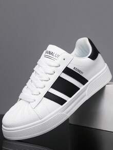 男女通用休闲运动鞋、滑板鞋、四季鞋、健身训练鞋、户外休闲鞋、条纹设计、系带 - 白色 - 查看 1