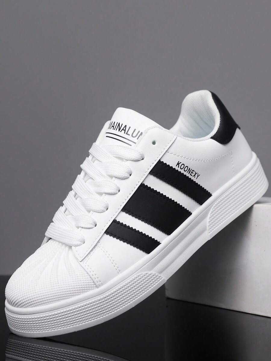 男女通用休闲运动鞋、滑板鞋、四季鞋、健身训练鞋、户外休闲鞋、条纹设计、系带 - 白色 - 查看 1