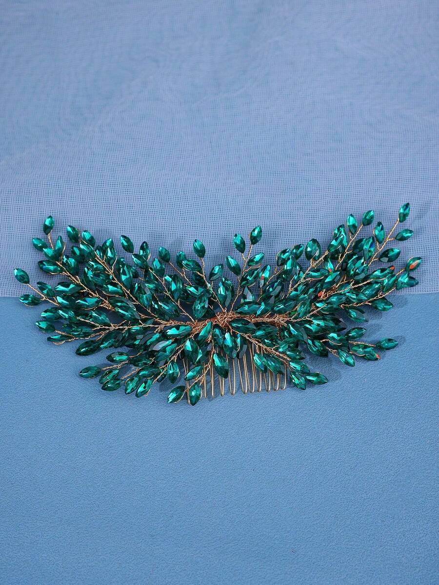 1件女士手工编织金色奢华发梳，浪漫头饰，亮丽红色银色配饰，新娘婚礼装饰，闪亮水晶首饰 - 綠色 - 查看 1