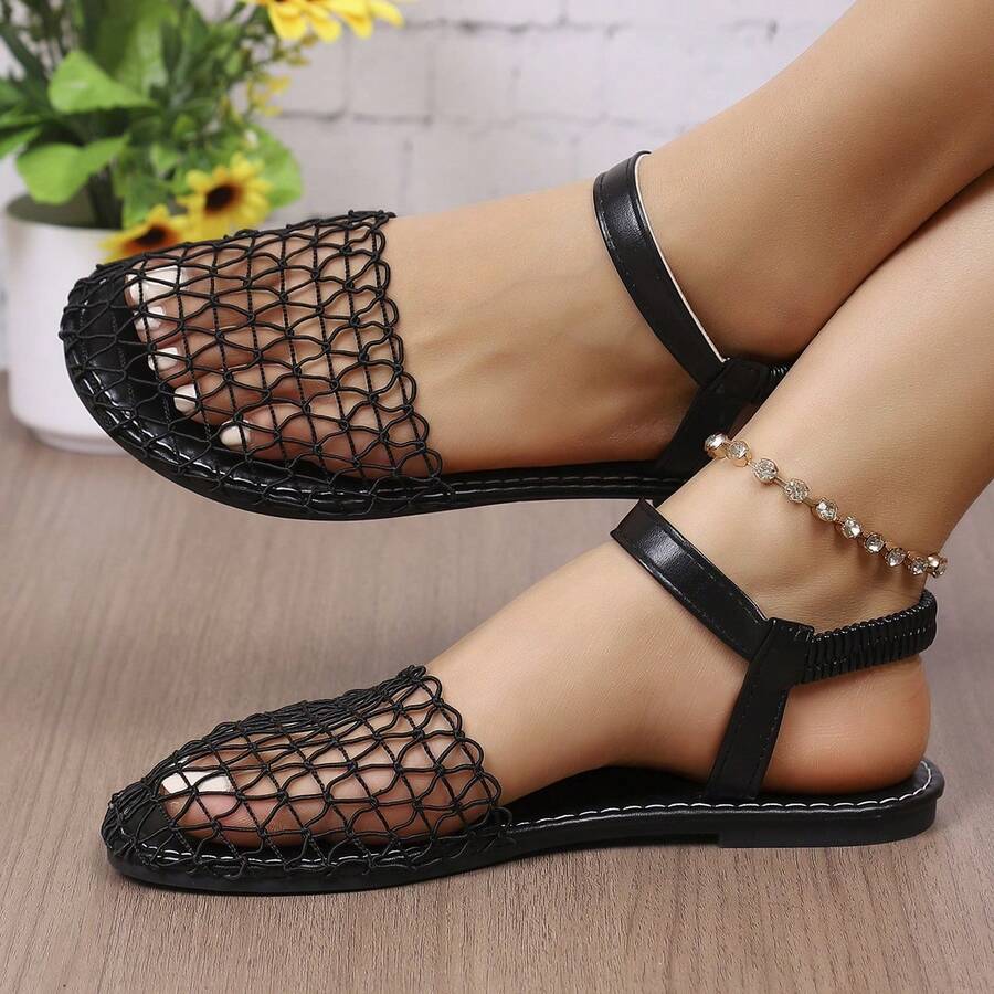 Women's Flat Hollow Fishnet Sandals, Closed Toe, Breathable, Fashion, Versatile, Solid Color, Classic - Black - View 1