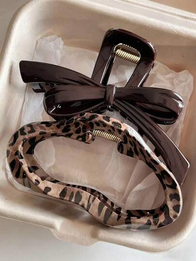 2个/1个女士4.33英寸/11厘米豹纹玳瑁塑料发夹，时尚百搭优雅简约纯色发爪，适合日常、休闲、派对、通勤、海滩、丸子头、马尾辫、洗脸、化妆等场合，可作为女士发带冬季发饰，优雅爪夹休闲发夹