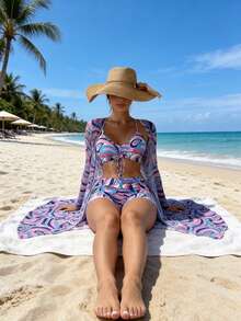 Women's Swimsuit Set, All-Over Print Bikini With Drawstring And Straps, 3-Piece Kimono Beach Cover-Up - 紫色 - 查看 2