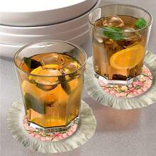 1/4/6pcs Easter Collection, A Light Brown Rabbit Peeking Out From A Cluster Of Tulips, The Outer Circle Surrounded By A Ring Of Blooming Pink Tulips Dotted With A Small Pink Butterfly, Linen Printed Tassel Placemat/Coaster - Multicolor - View 8