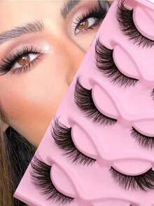 5 Pairs Half-Strip False Eyelashes, Transparent Band With Cat Eye Tail Extension, Natural & Delicate Faux Mink Lashes, Fluffy & Soft, For Natural Makeup Look - Black - View 4