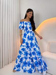 Long -Style Dress With Printed Sleeves - Blue Flowers - View 2