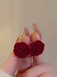 1 Pair Flocked Red Rose Flower Pendant Earrings, Cute Jewelry Gift For Women, Suitable For Daily Wear, Dates, Festivals - Rose + Earrings - View 7