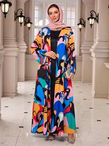 Bohemian Style Printed Open Front Abaya With Headscarf, Middle Eastern Muslim New Style, Casual For Daily Wear And Holiday - Multicolor - View 1