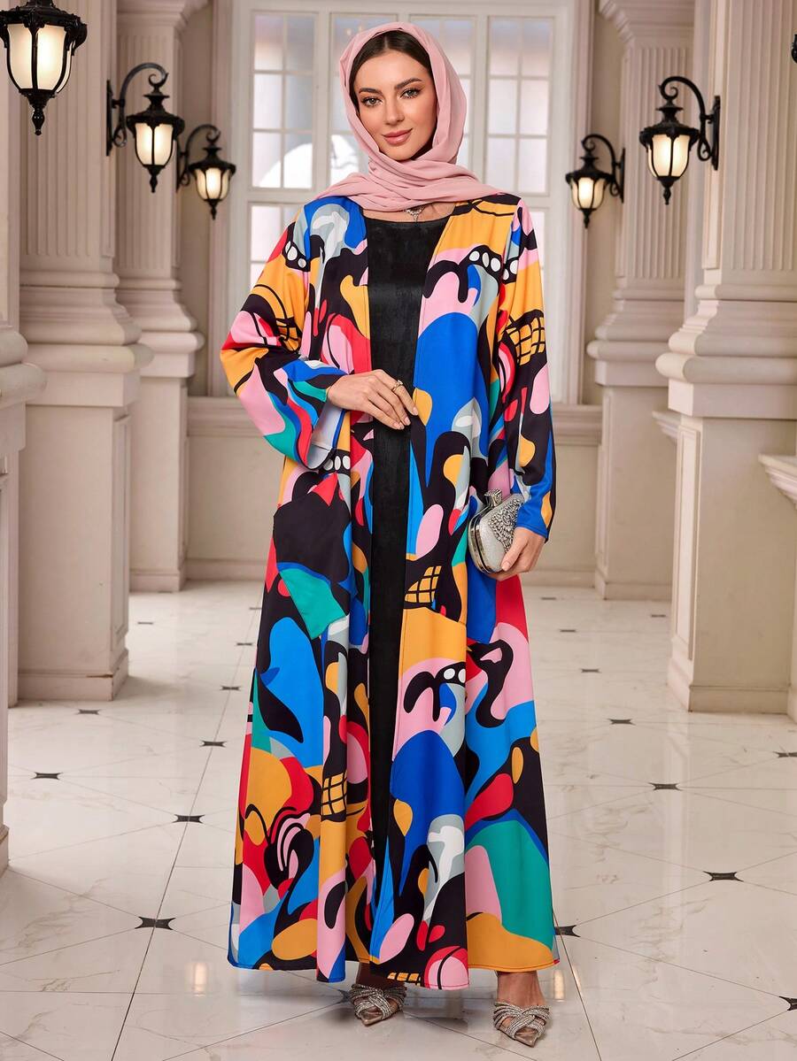 Bohemian Style Printed Open Front Abaya With Headscarf, Middle Eastern Muslim New Style, Casual For Daily Wear And Holiday - Multicolor - View 1