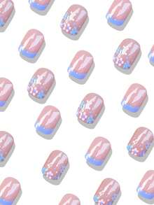 24pcs Cute Square Pink Short Artificial Nails, Purple Floral Pattern, French Manicure Style, Suitable For Women - Multicolor - View 2