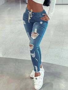 Women High Waist Skinny Stretch Ripped Jeans Destroyed Denim Pants Plus Size - Màu xanh lam - Xem 4