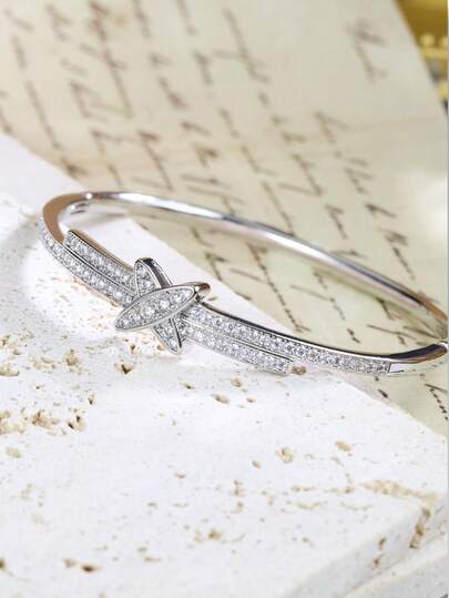 1pc S925 Sterling Silver Criss-Cross Bracelet, Suitable For Dates, Luxury Parties, Sparkling And Graceful Design, Ideal Valentine's Day Gift For Lover