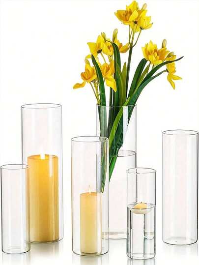 24pcs Transparent Cylinder Vase Set, Bulk Glass Vases For Centerpiece Decoration, Modern Floating Candle Holders For Decor, Hurricane Candle Holders For Wedding Table Decoration. Glass Vase Set, Bohemian Style, Transparent Vase Set