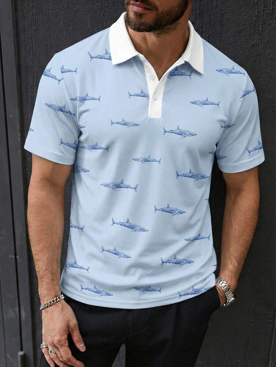 男士休闲海洋生物印花短袖Polo衫，夏季 - 彩色 - 查看 1