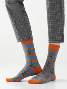 1/4 双男女通用情侣撞色卡通煎蛋、胡萝卜、仙人掌、山树图案艺术设计精梳棉中筒袜，适合旅行、居家、办公、节日礼物 - 彩色 - 查看 8