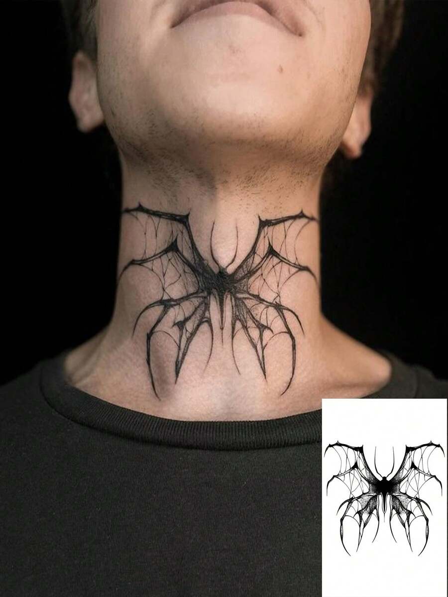 1pc Herbal Dark Style Fashion Neck Spider Web & Bat Temporary Tattoo, Dark Aesthetic, Indie Line Art Tattoo, Lasts 1-2 Weeks - Black - View 1