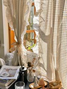 1件复古格子半透明窗帘，带法式荷叶边下摆，适用于卧室、阳台、房间隔断 - 彩色 - 查看 4