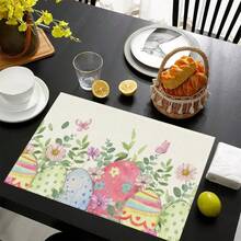 1/4/6 Pcs Easter Egg Bunny Pattern Placemats, Linen Table Mats With Colorful Egg Rabbit Design, Washable Printed Tabletop Protector, Ideal Decoration For Holiday Kitchen And Family Gatherings - Multicolor - View 3