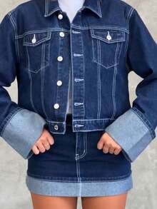 Women Mini Denim Skirt Mid Rise Folded Hem Short Bodycon Jean Skirts Stylish Summer Streetwear - Dark Wash - View 3