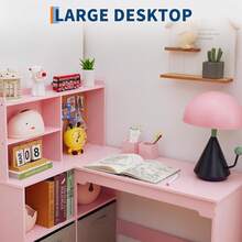 Escritorio y silla para niños, escritorio de esquina, mesa de estudio con estantería, cajón de tela y tablero de anuncios para niñas, color rosa - Rosa - Ver 6