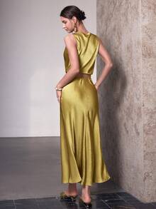 Sollinarry Women's Elegant Sleeveless Draped Top With Contrasting Lace Detail Skirt 2 Pieces Set - Turmeric - View 8