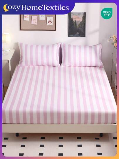 1pc Printed Fitted Bedsheet (Pillow Case Not Included), Pink & White Striped Print, Skin-Friendly Mattress Cover, Patterned Mattress Protector, Soft & Comfortable, Breathable & Warm, Multiple Sizes Fit Twin/Full/Queen/King Bed, Machine Washable, Home Decor, Bedroom Decor, Oeko-Tex Certified