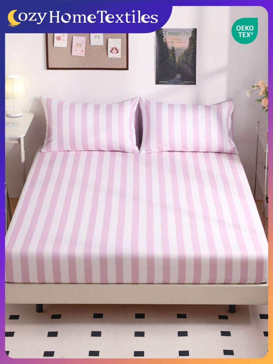 1件印花床笠（不含枕套），粉白条纹印花，亲肤床垫罩，图案床垫保护套，柔软透气，多种尺寸可选，适用于单人床/双人床/大号床/特大号床，可机洗，家居装饰，卧室装饰，通过Oeko-Tex认证